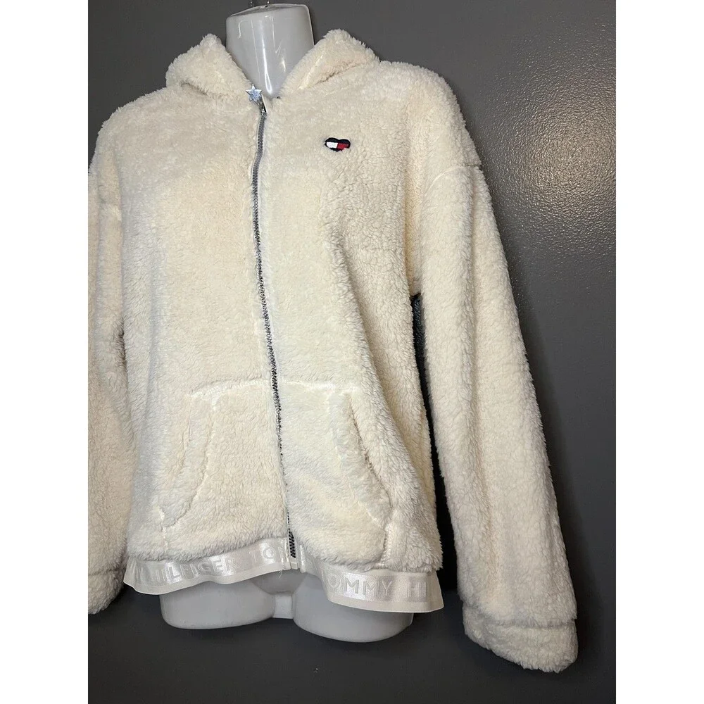 Tommy Hilfiger Hoodie Girls XL 16 White Swan Sherpa Fleece Zip Sweatshirt Logo